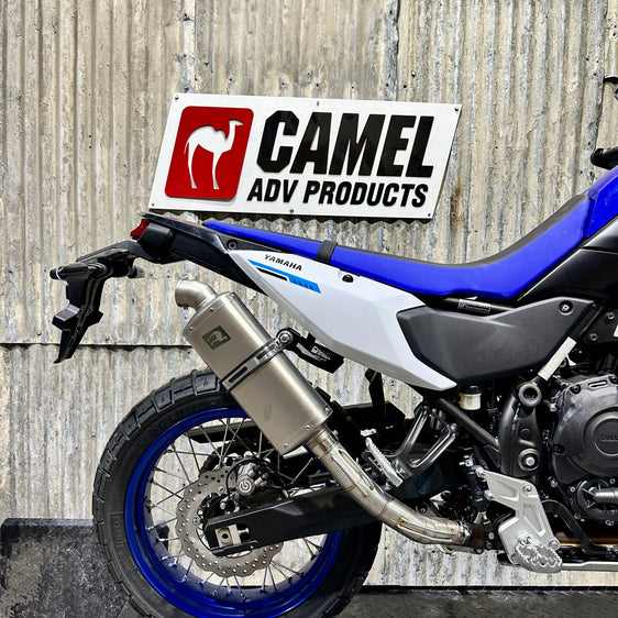 A Yamaha 700 Tenere motorcycle with a Rally bend high exhaust system by Camel ADV Products
